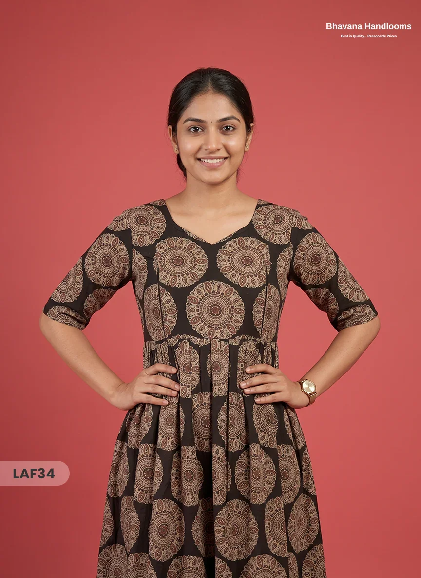 Feeding Frock with Kalamkari Design β Black Color | Invisible Zips | Half Lining Maternity Wear