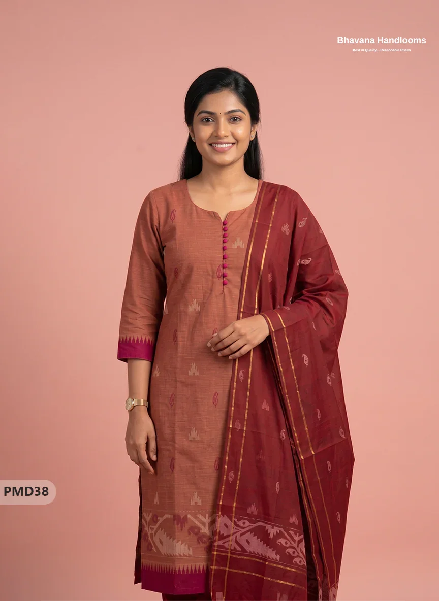 Mangalagiri Handloom Printed Cotton Suit Set with Potli Balls – Brown Colour