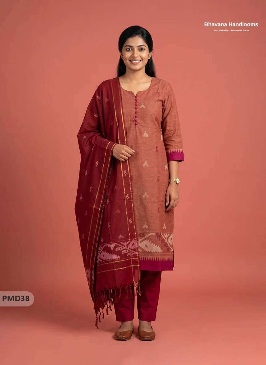 Mangalagiri Handloom Printed Cotton Suit Set with Potli Balls – Brown Colour