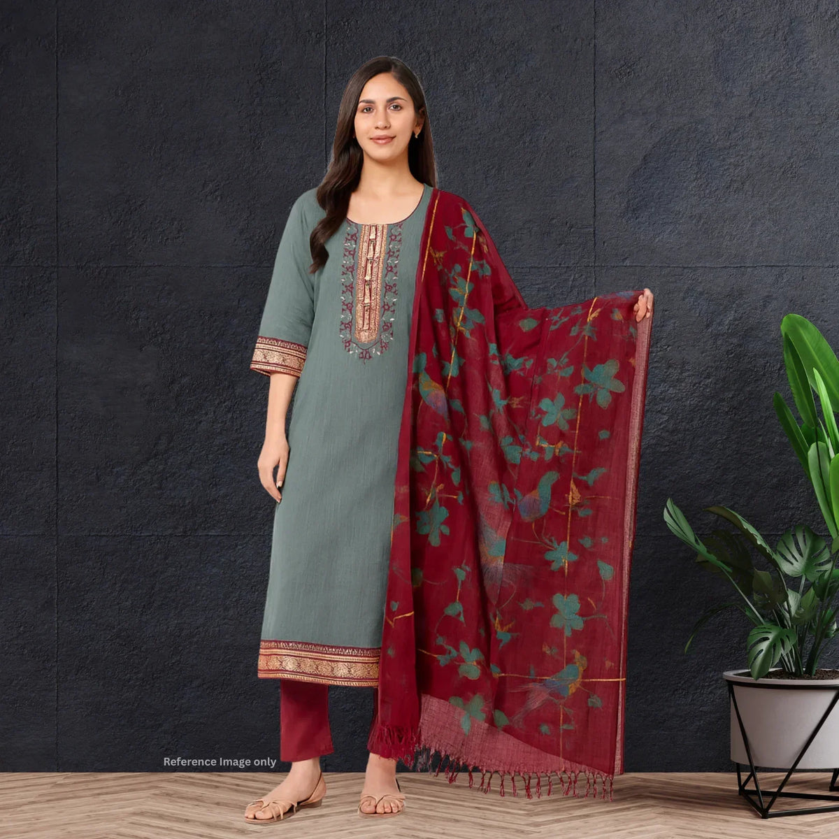 Mangalagiri Cotton Kurti Set Ash Gray – Straight Cut Style, Elbow Length Sleeves