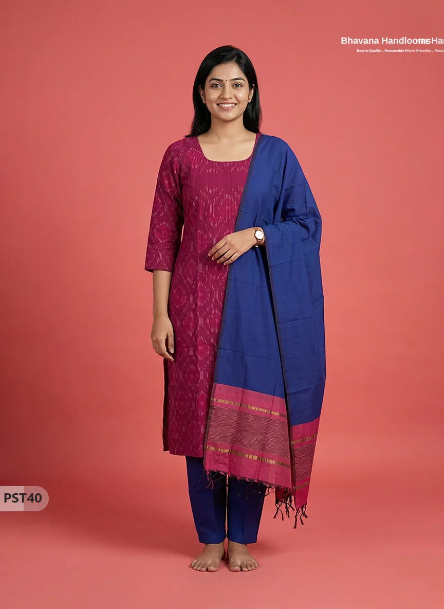 Pochampally Semi Pattu 3PC Kurti Set in Pink Colour | Ready-to-Wear Ethnic Wear