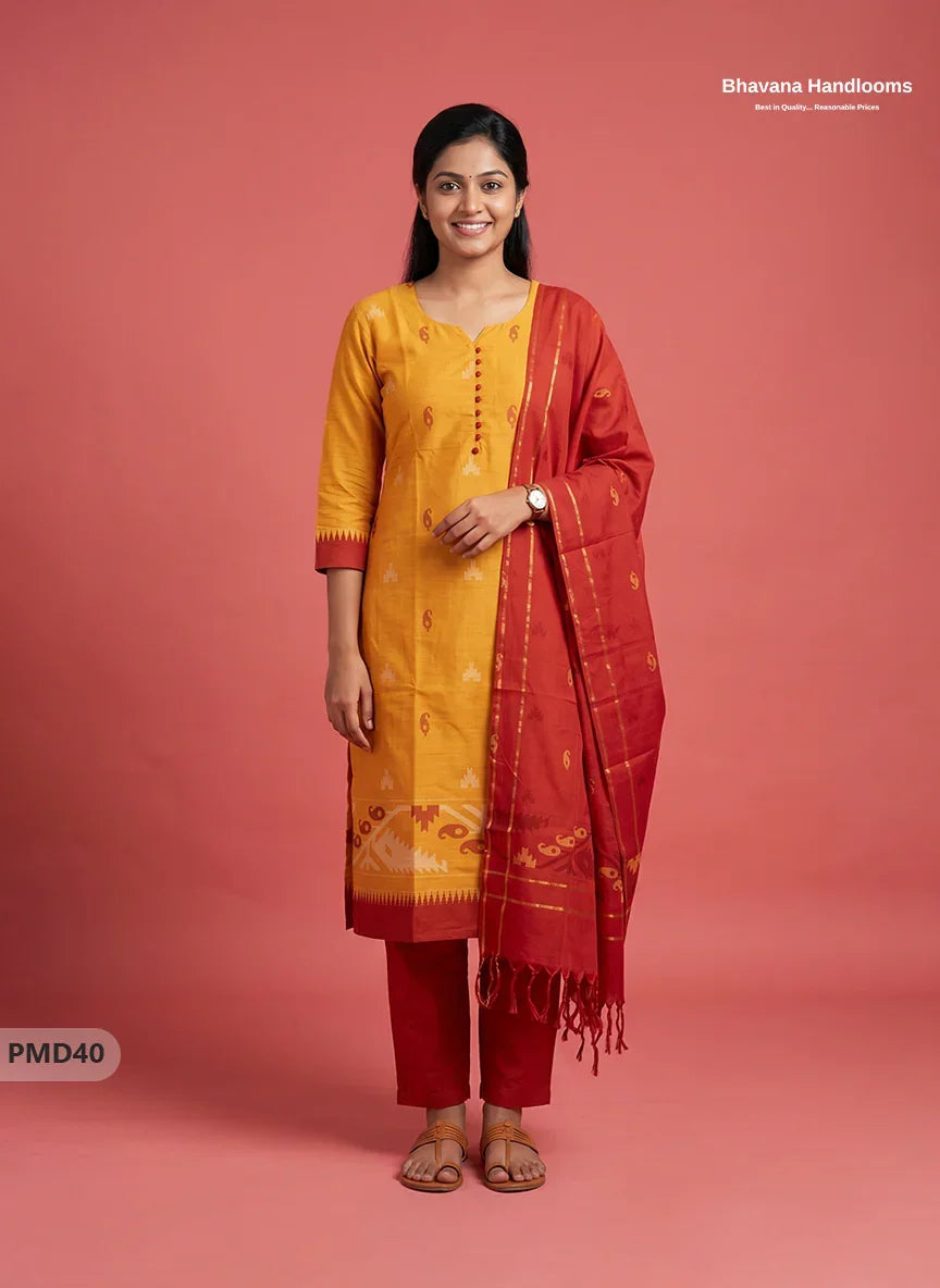 Mangalagiri Handloom Printed Cotton Suit Set with Potli Balls - Yellow Colour