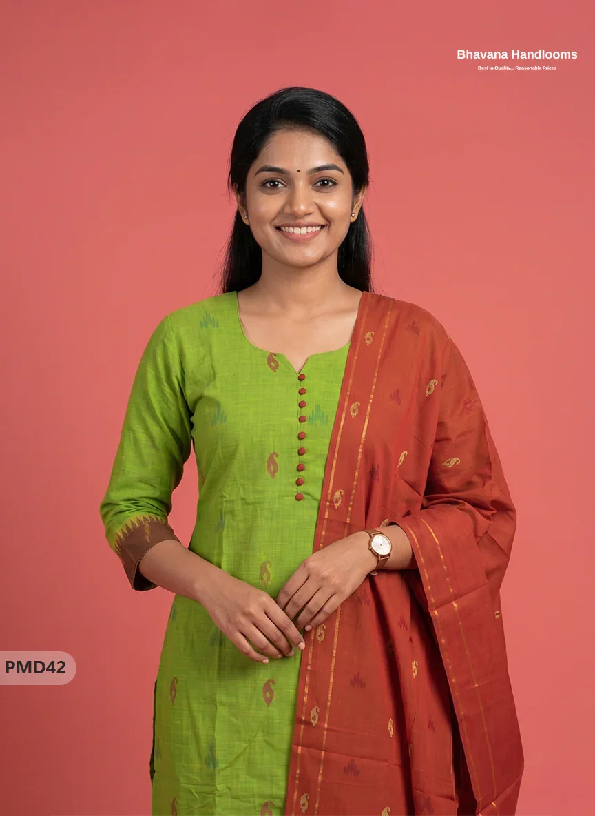 Mangalagiri Handloom Printed Cotton Suit Set with Potli Balls - Parrot Green Colour