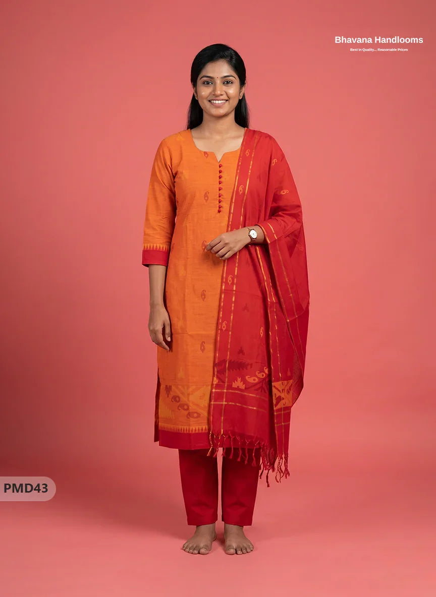Mangalagiri Handloom Printed Cotton Suit Set with Potli Balls – Orange Colour