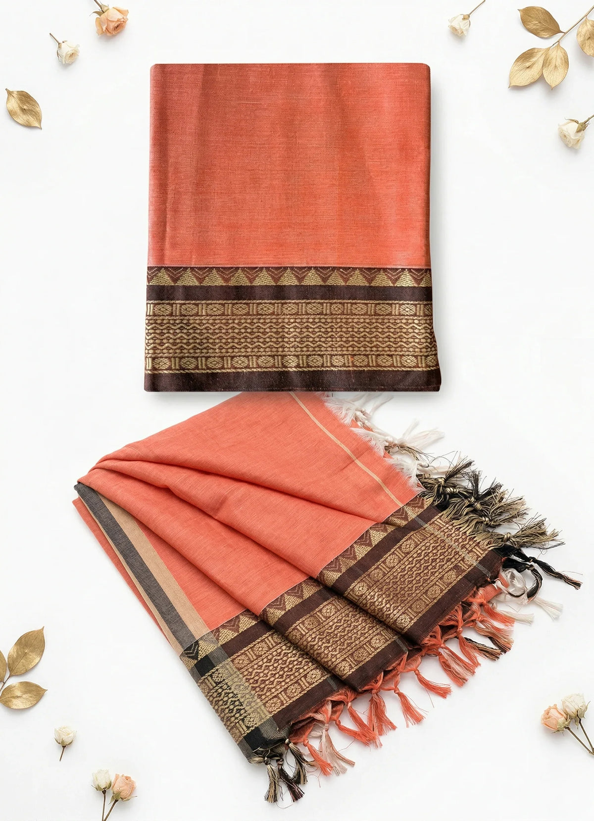 Traditional wear Narayanpet Mercerised cotton dress material with Orange colour