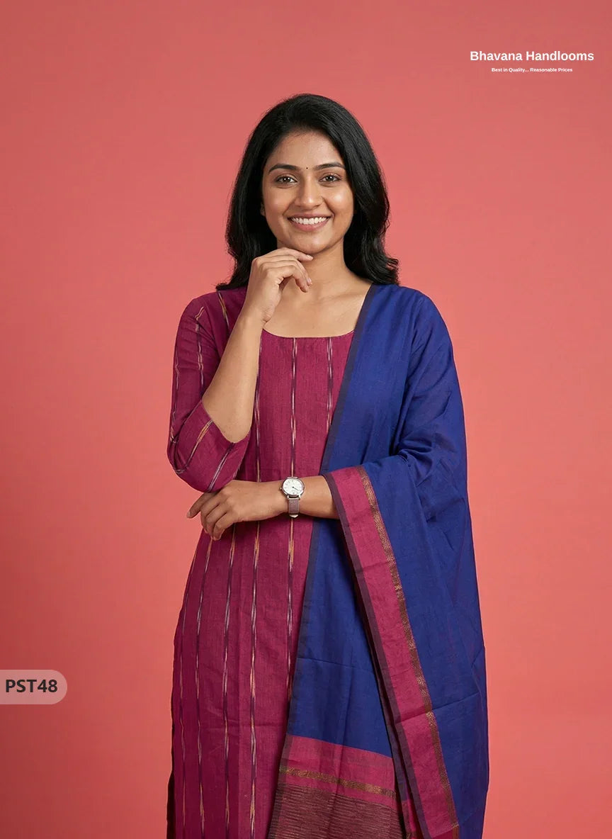 Pochampally Semi Pattu 3PC Kurti Set in Pink Colour | Ready-to-Wear Ethnic Wear
