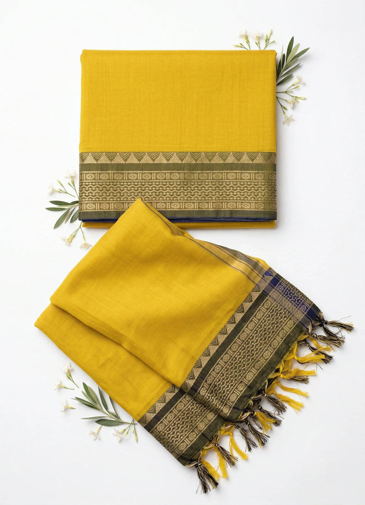 Traditional wear Narayanpet Mercerised cotton dress material with Lemon Yellow colour