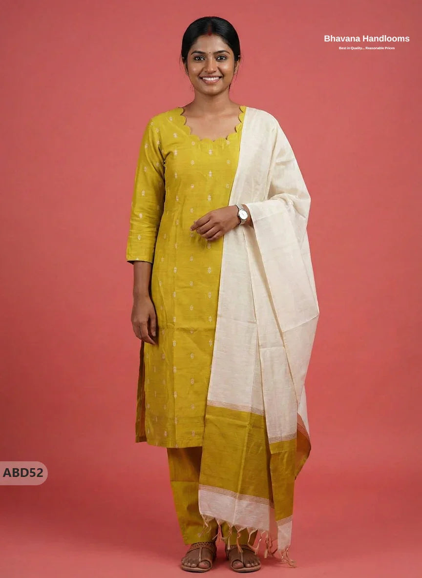 Raw Silk 3-Piece Kurti Set – Light Green | Full Length Lining with Elastic Bottom