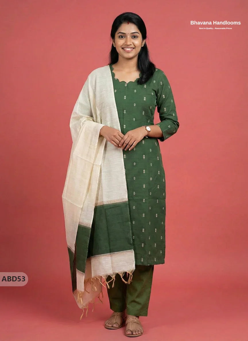 Raw Silk 3-Piece Kurti Set – Dark Green | Full Length Lining with Elastic Bottom
