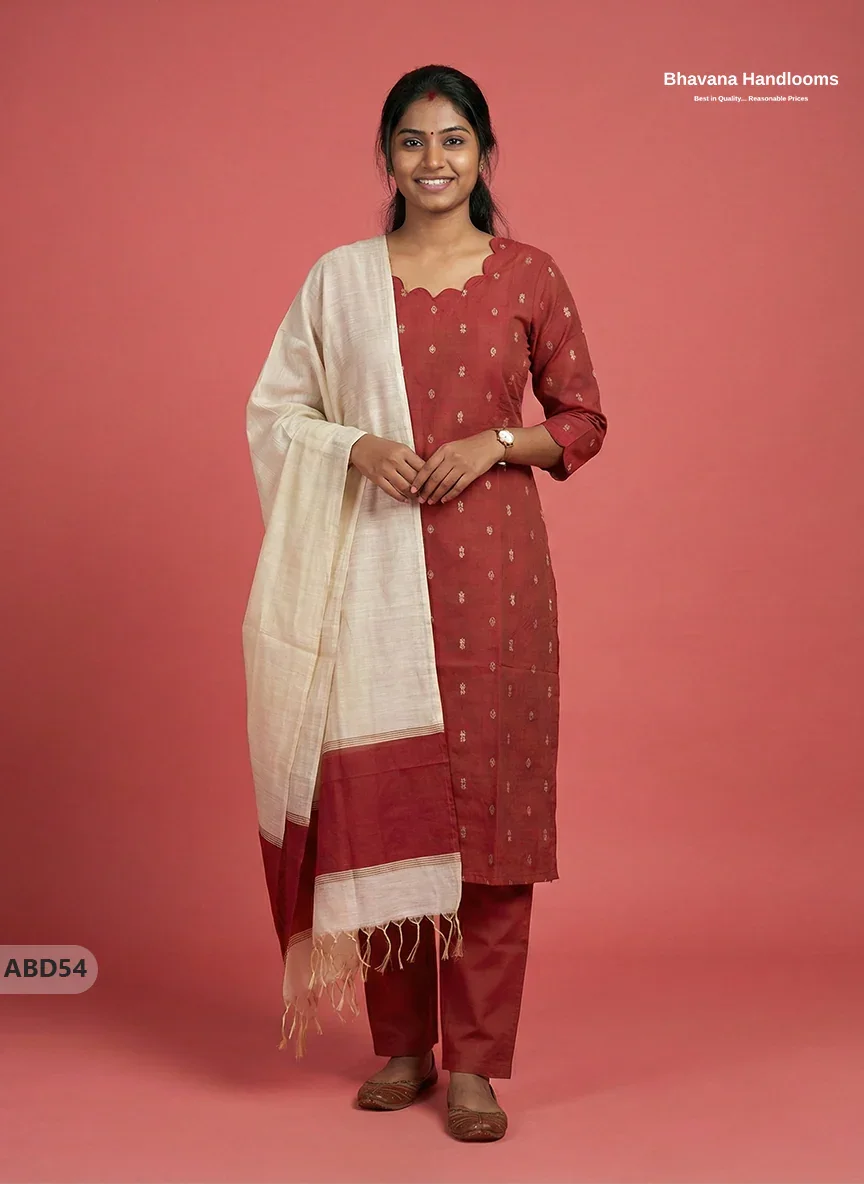 Raw Silk 3-Piece Kurti Set – Maroon | Full Length Lining with Elastic Bottom