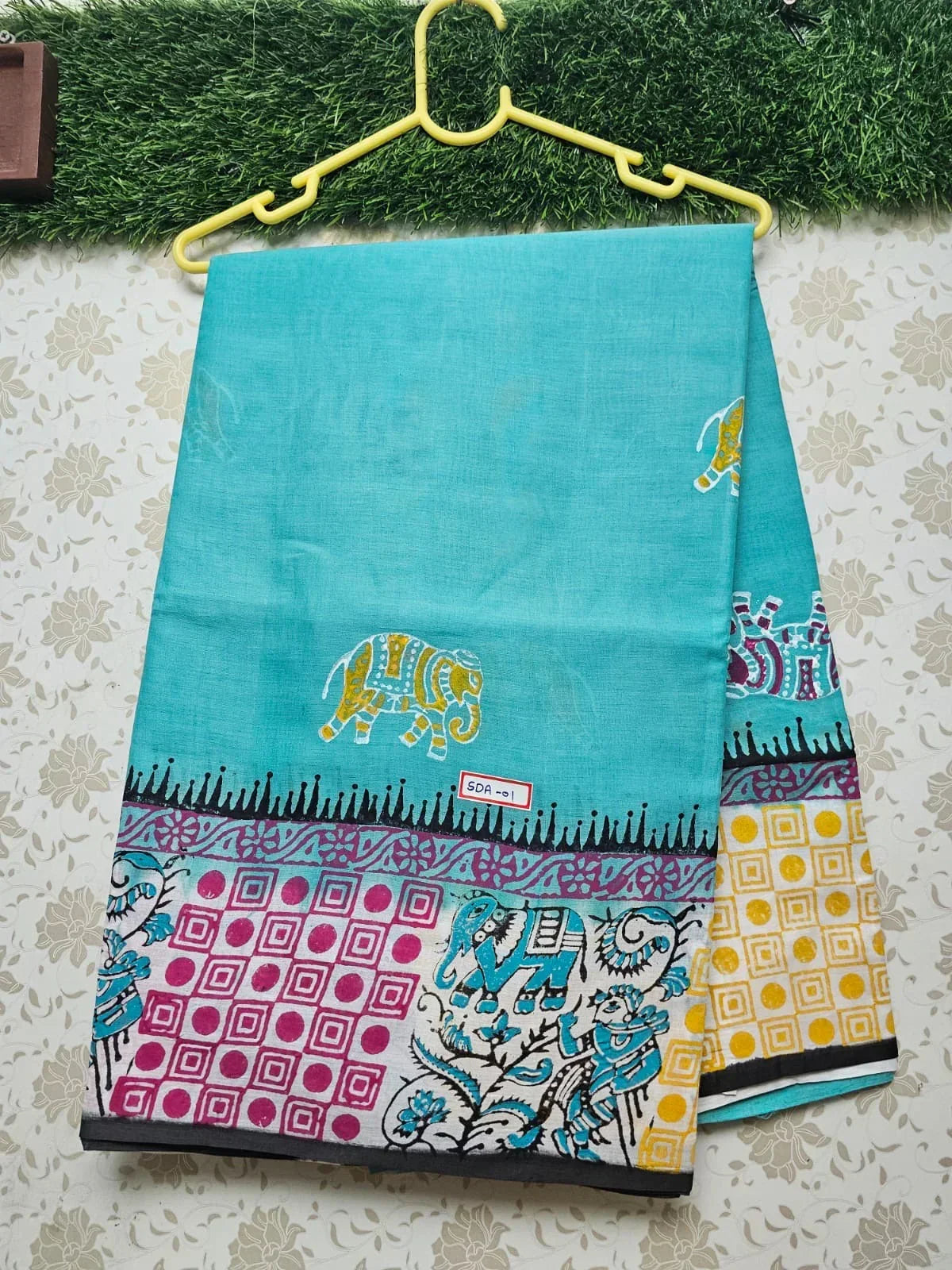 Vasundhara 120count Printed Cotton Saree with Pastal Sea Blue colour