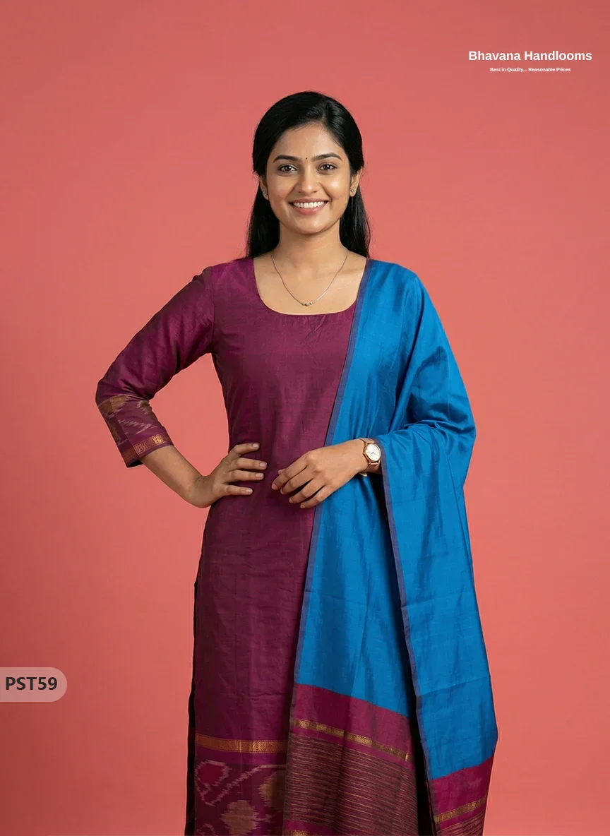 Pochampally Semi Pattu 3PC Kurti Set in Dark Pink Colour | Ready-to-Wear Ethnic Wear