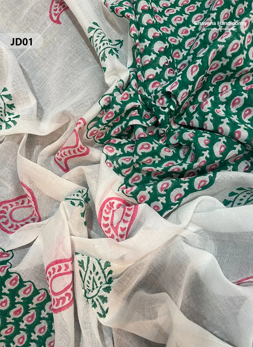 Jaipur Handblock Cotton Dupatta Dress Material – White & Elf Green