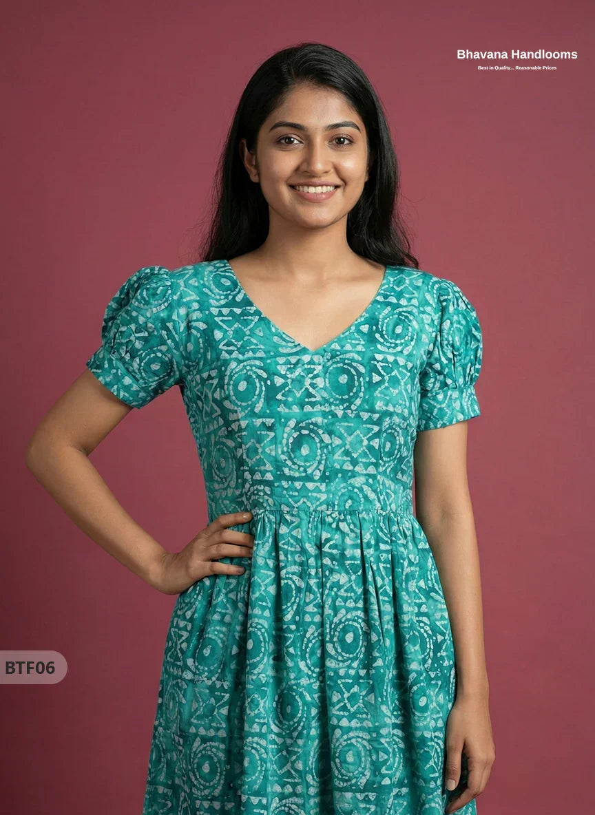 Handmade Batik Frock with Natural Dye – Potli Ball Neck Design Sea Green Colour
