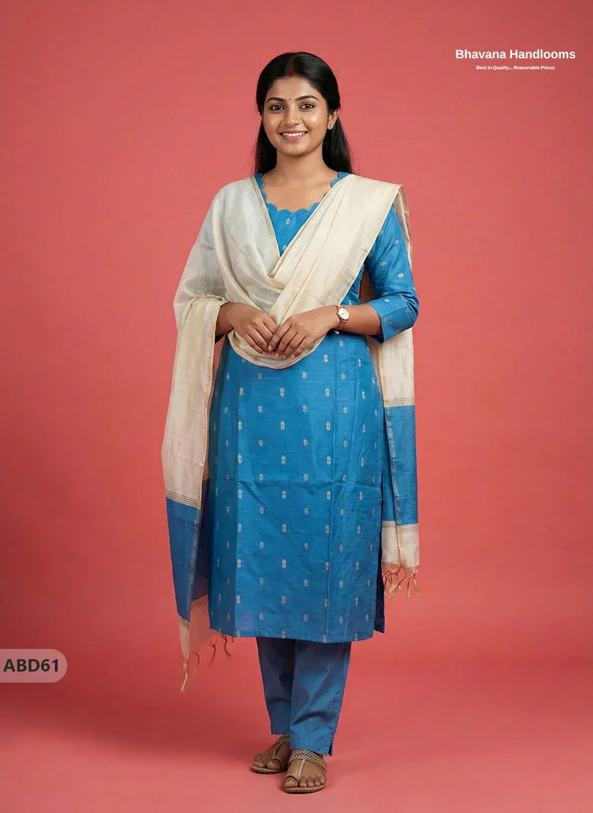 Raw Silk 3-Piece Kurti Set – Sky Blue | Full Length Lining with Elastic Bottom