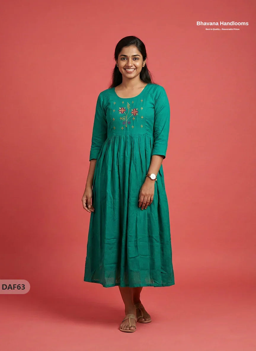 Cotton Plain Long Frock with Green Colour