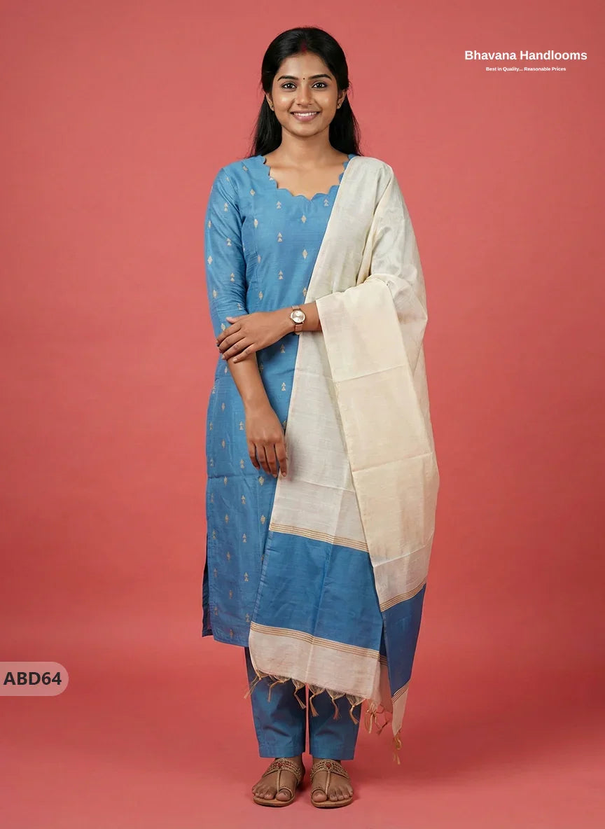 Raw Silk 3-Piece Kurti Set – Sky Blue | Full Length Lining with Elastic Bottom