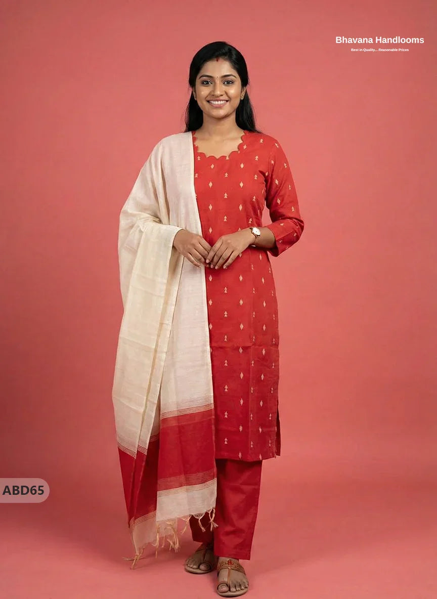 Raw Silk 3-Piece Kurti Set – Red | Full Length Lining with Elastic Bottom