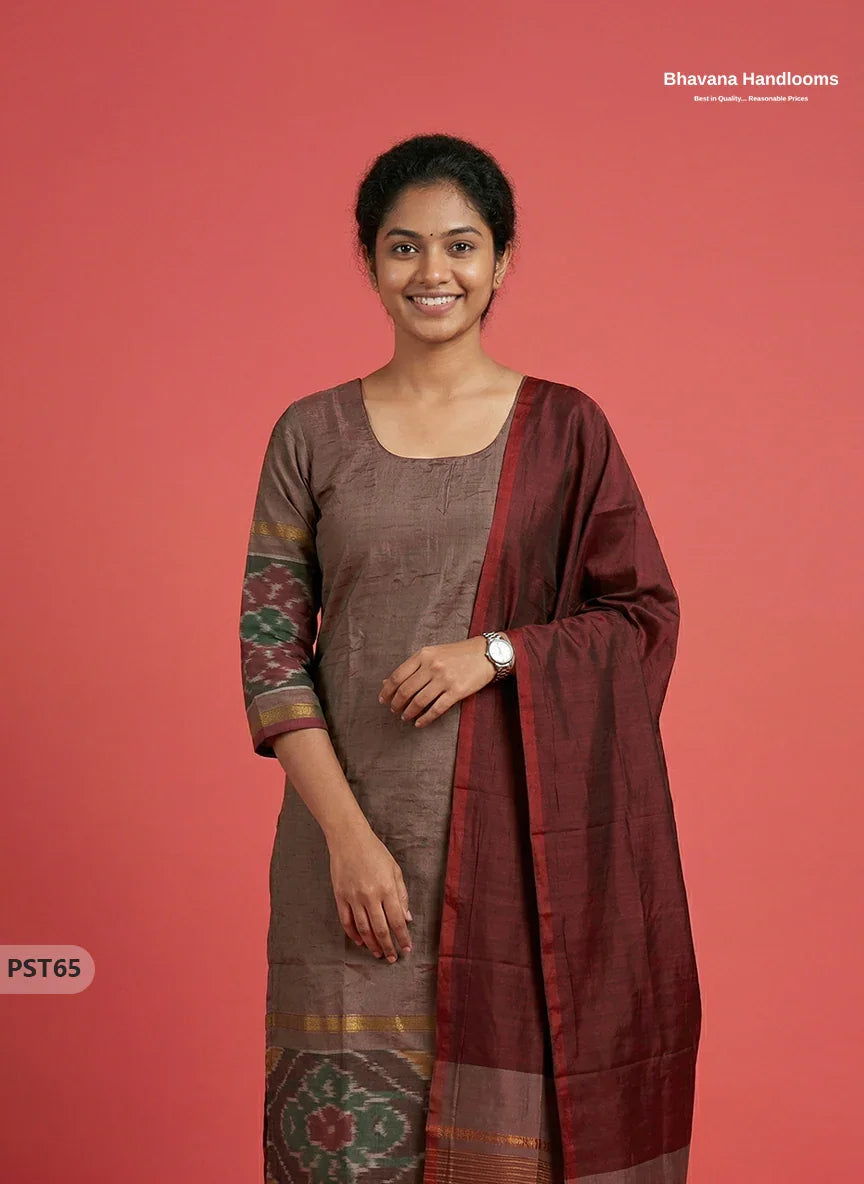 Pochampally Semi Pattu 3PC Kurti Set in Wine & Brown Colour | Ready-to-Wear Ethnic Wear