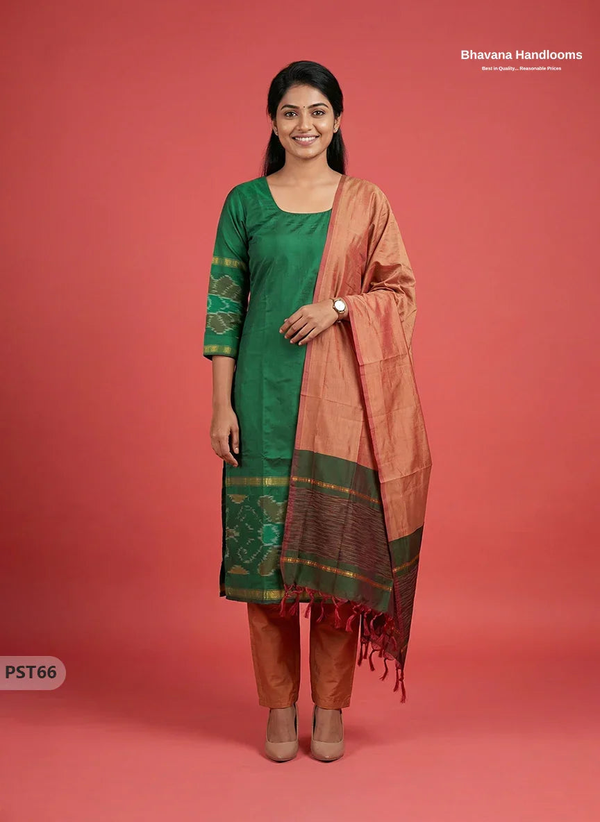 Pochampally Semi Pattu 3PC Kurti Set in Green Colour | Ready-to-Wear Ethnic Wear