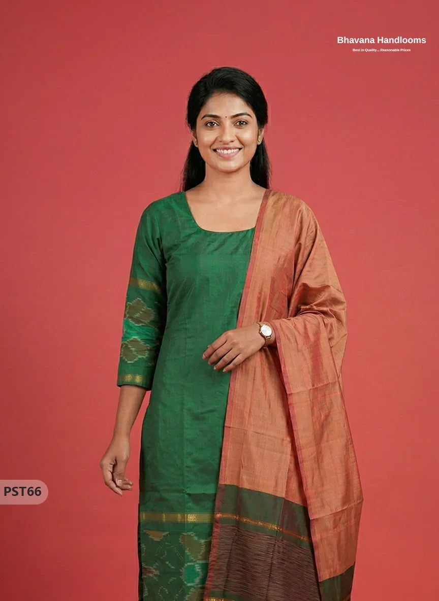 Pochampally Semi Pattu 3PC Kurti Set in Green Colour | Ready-to-Wear Ethnic Wear