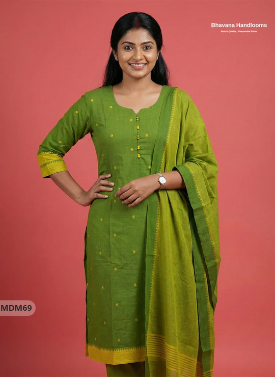 Mangalagiri Cotton 3PC Set with Full-Length Lining & Elastic Pocket Bottom – Indian Green