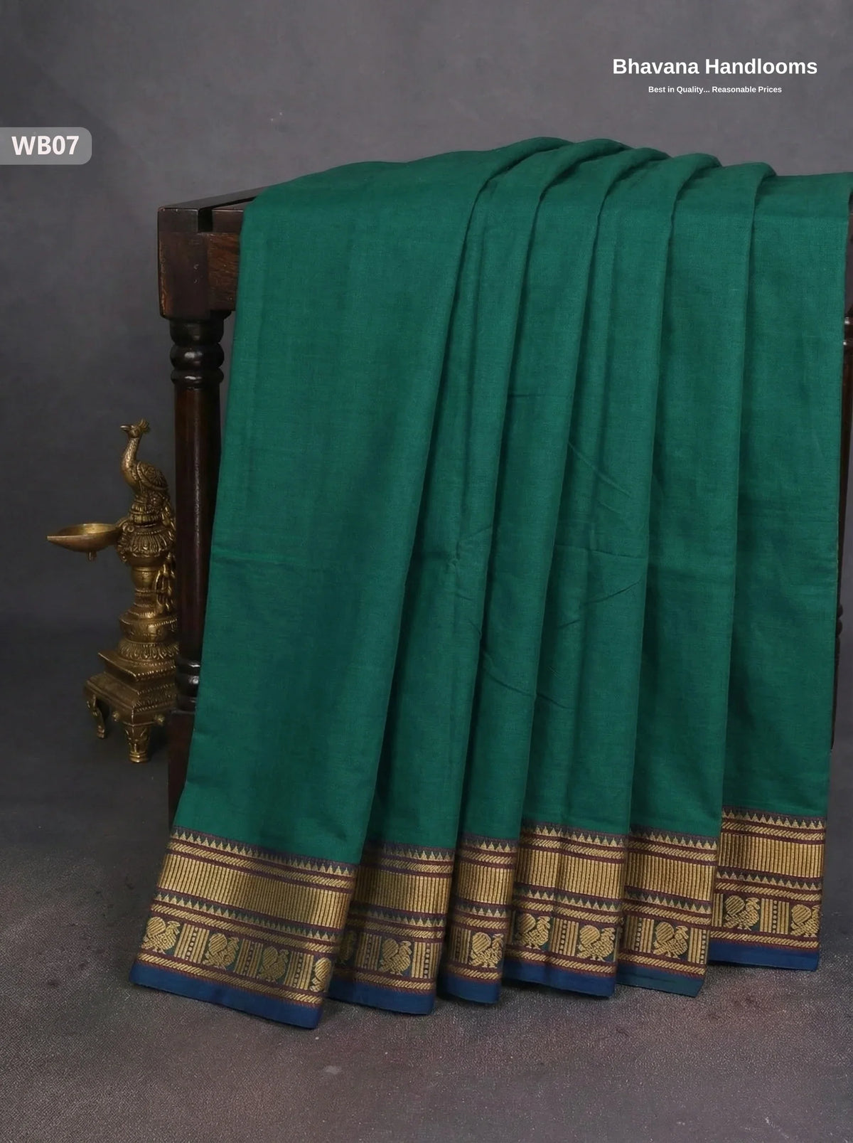 Authentic Kanchi Cotton Handloom Saree – Dark Green Colour (Without Blouse)