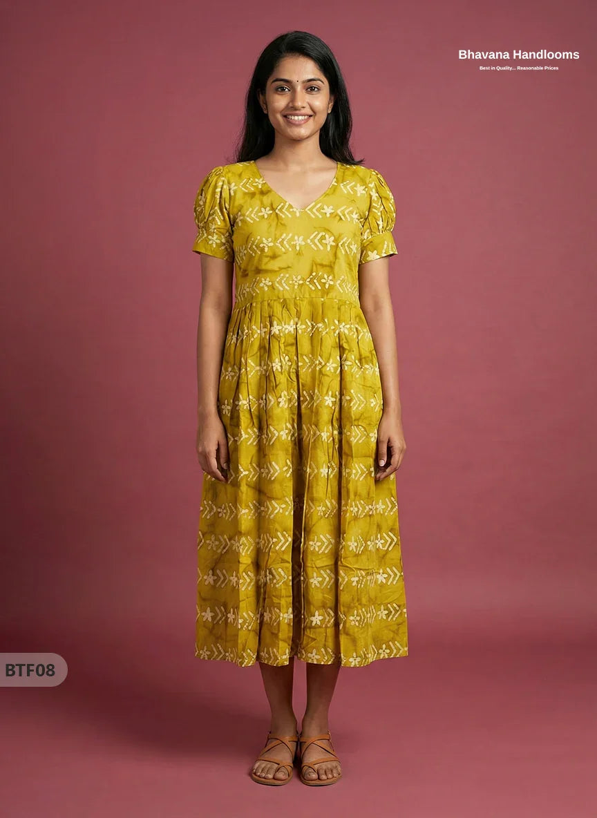Handmade Batik Frock with Natural Dye – Potli Ball Neck Design Lemon Yellow Colour