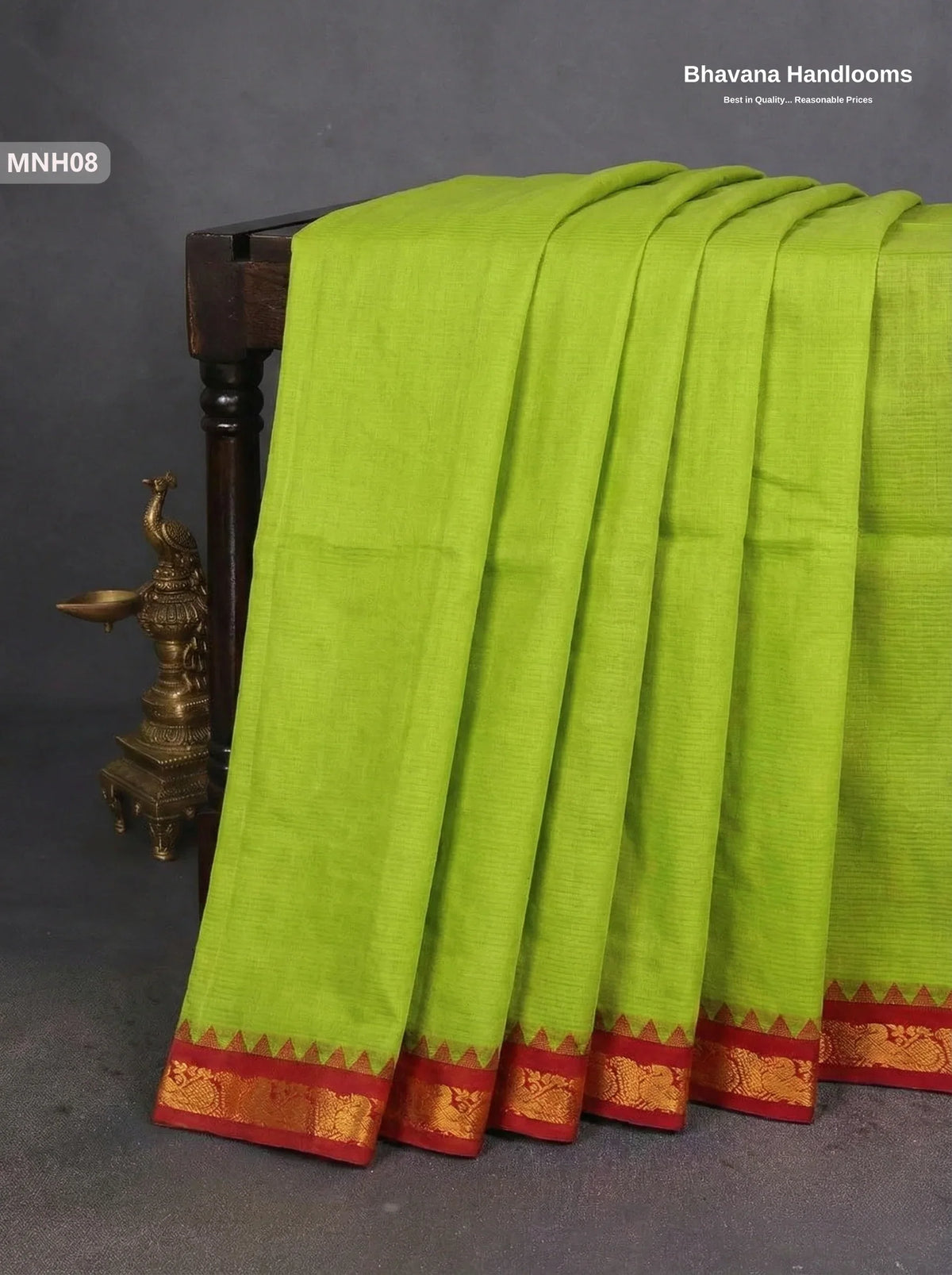 Mini Gadwal Cotton Saree in Parrot Green with Small Zari Border | Without Blouse