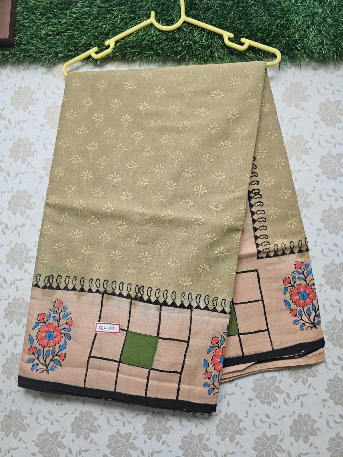 Vasundhara 120count Bathik Printed Cotton Saree with Pastel colour