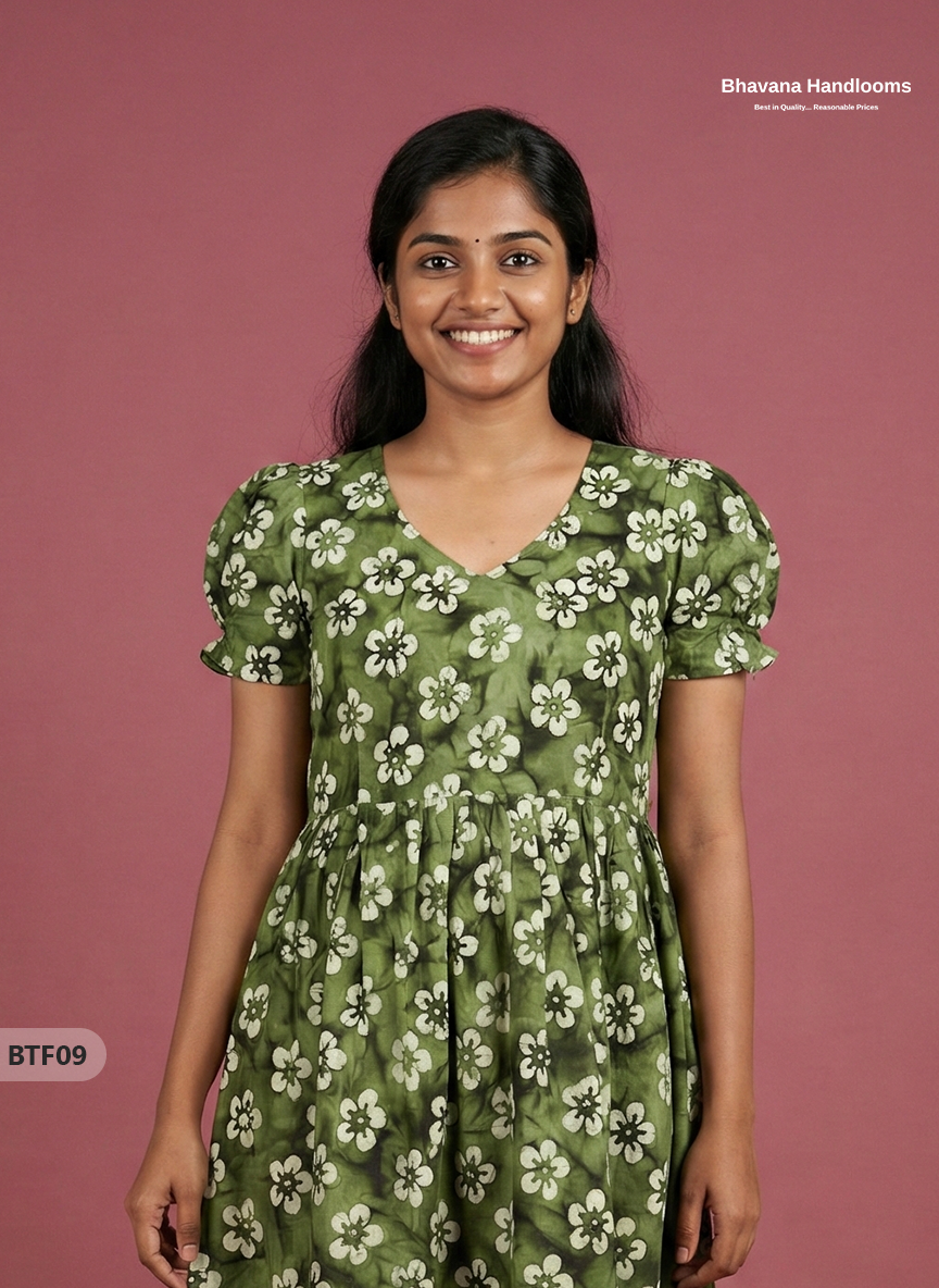 Handmade Batik Frock with Natural Dye – Potli Ball Neck Design Green C –  Bhavana Handlooms