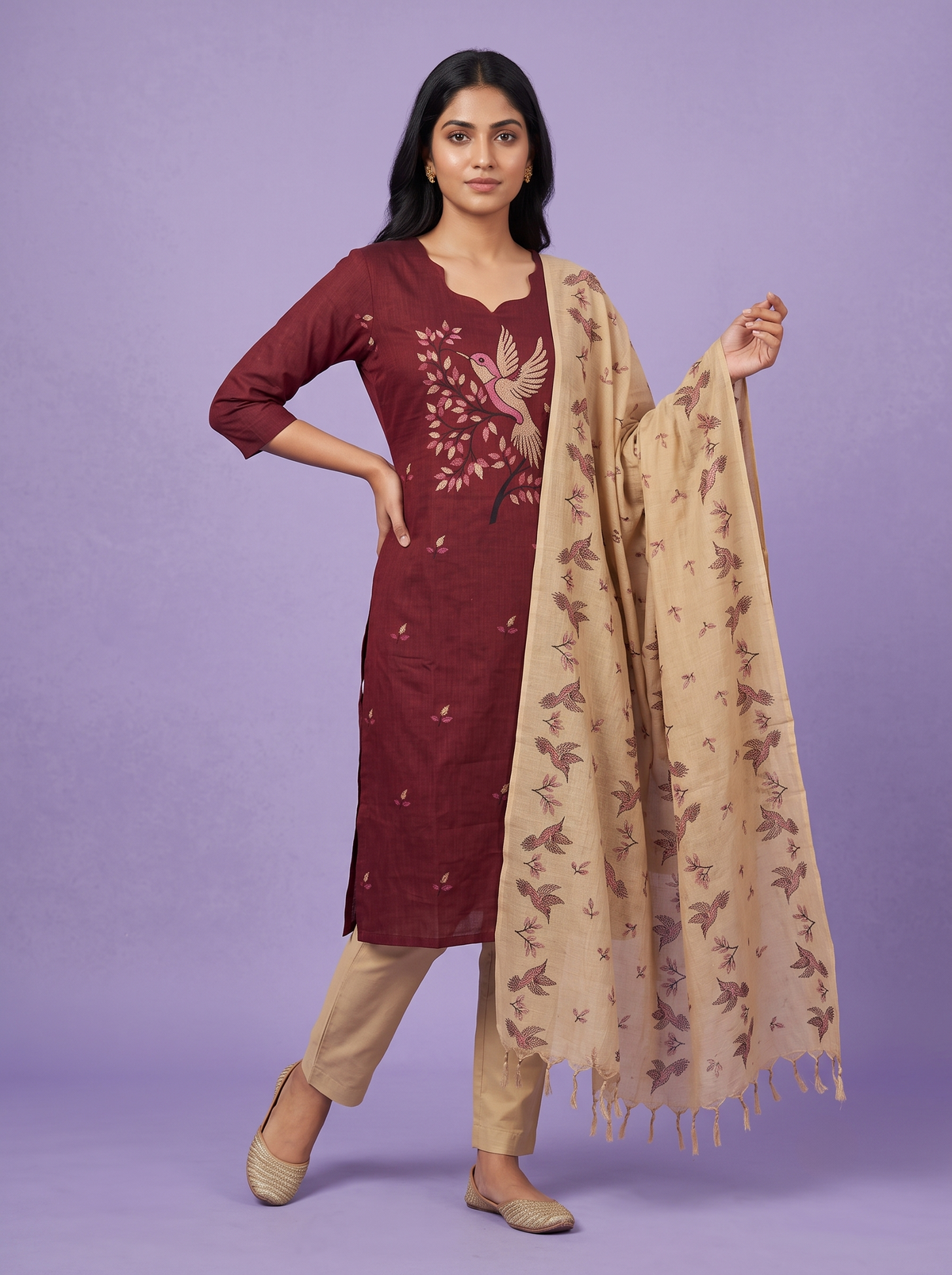 Premium Cotton Kurti Set with Bird Printed Design in Maroon | Gopuram Neck Design