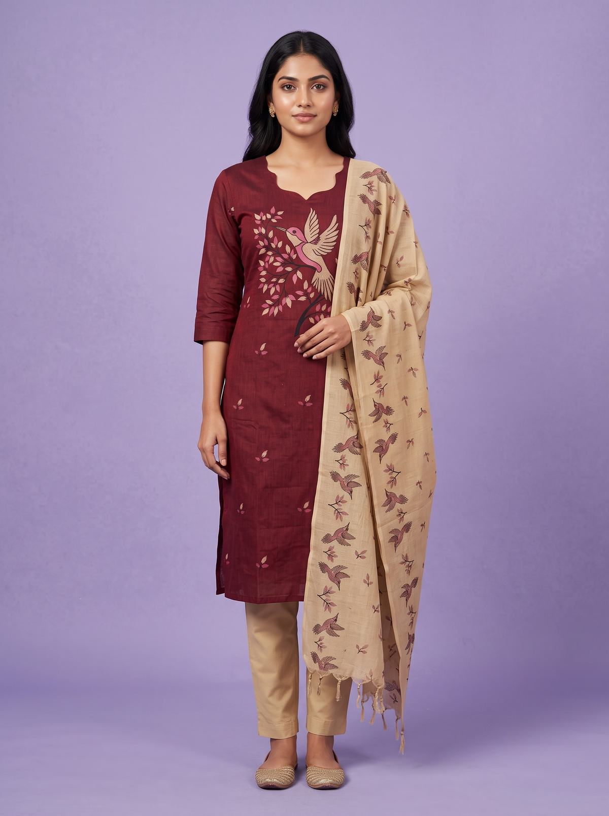 Premium Cotton Kurti Set with Bird Printed Design in Maroon | Gopuram Neck Design
