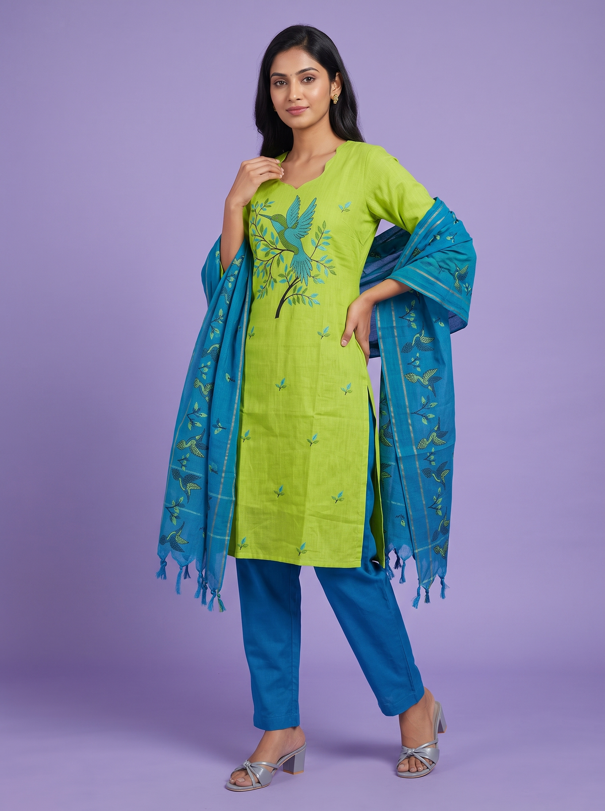 Premium Cotton Kurti Set with Bird Printed Design in Lime Green | Gopuram Neck Design