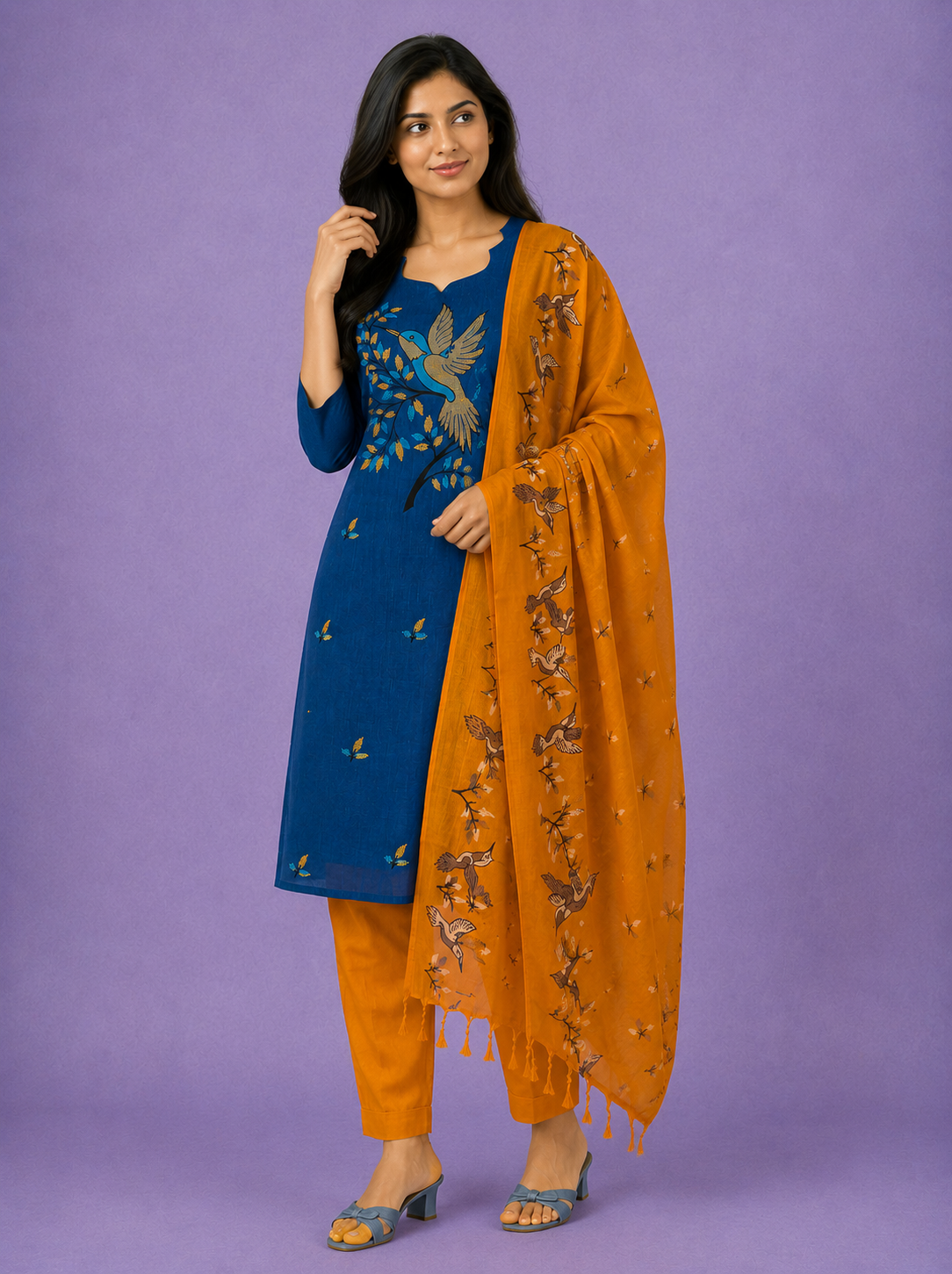 Premium Cotton Kurti Set with Bird Printed Design in Denim Blue | Gopuram Neck Design