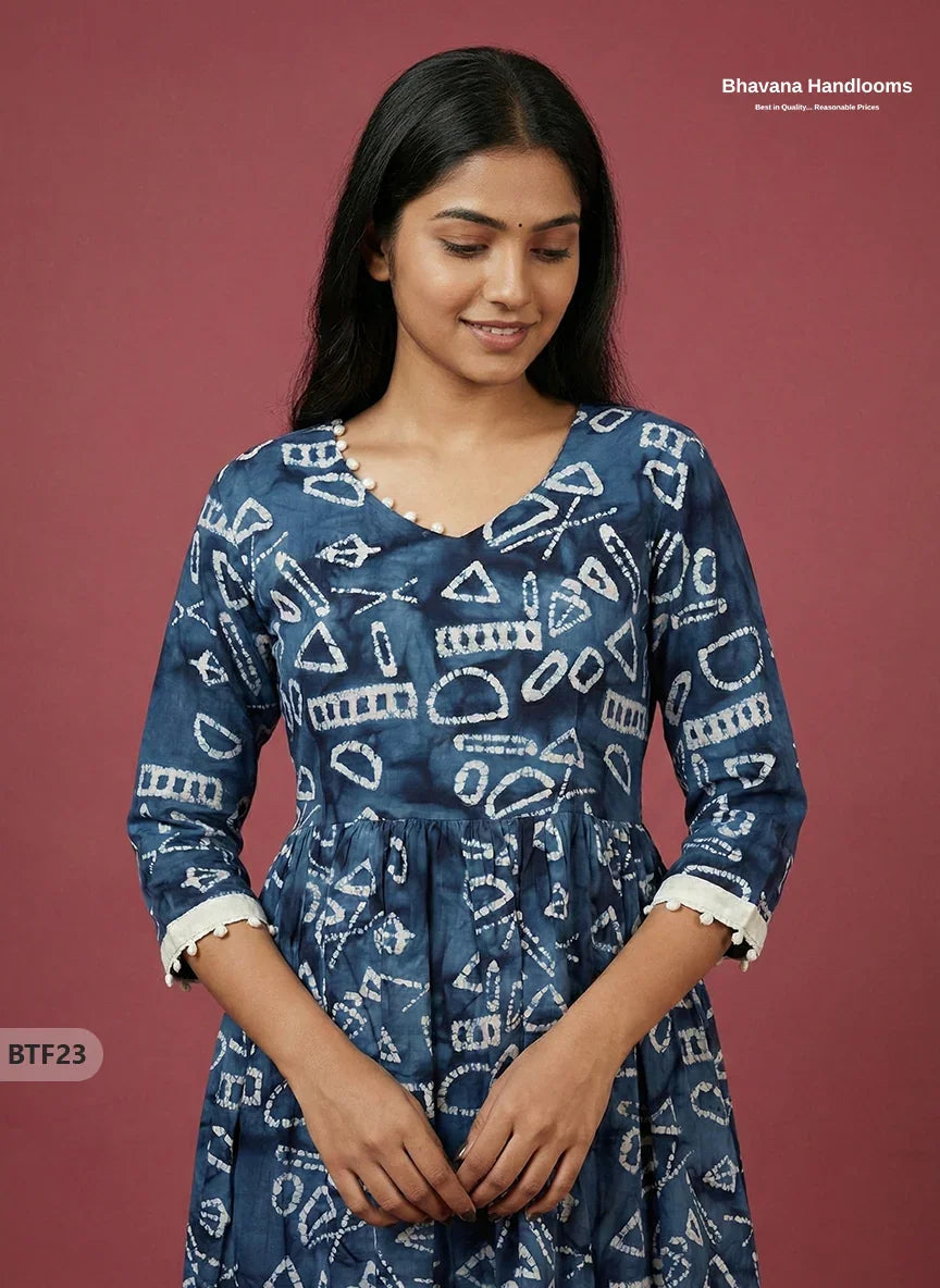 Handmade Batik Frock with Natural Dye – Potli Ball Neck Design Deep Navy Blue Colour with Half Lining