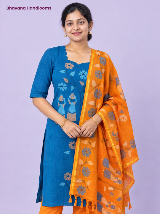 Traditional Gollabhama Print Cotton 3PC Kurti Set in Teal Blue & Orange | Cut Work Neck Design | Free Style Bottom | Ready to Wear