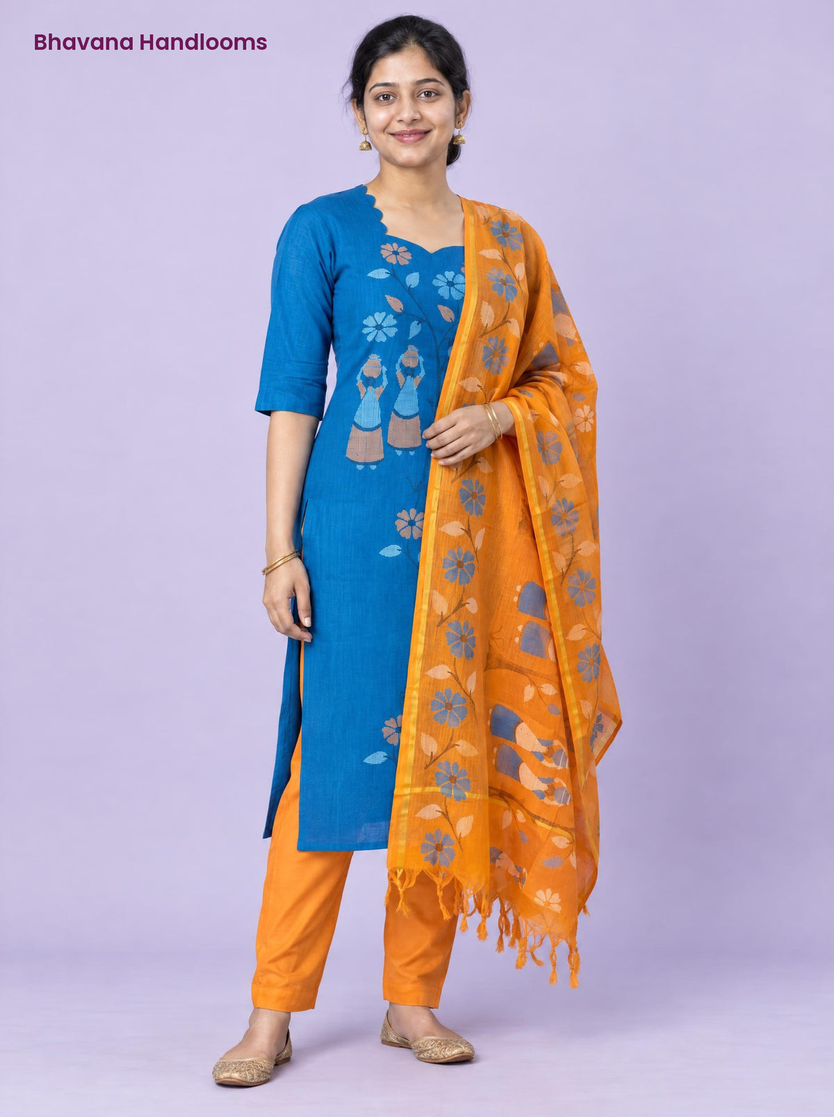 Traditional Gollabhama Print Cotton 3PC Kurti Set in Teal Blue & Orange | Cut Work Neck Design | Free Style Bottom | Ready to Wear