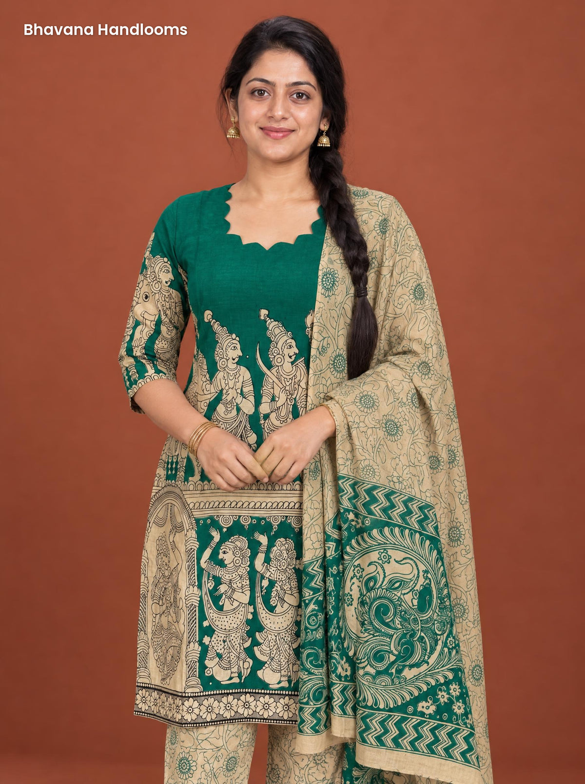 Emerald Green Kalamkari Ramayanam 3PC Kurti Set with Elastic Bottom
