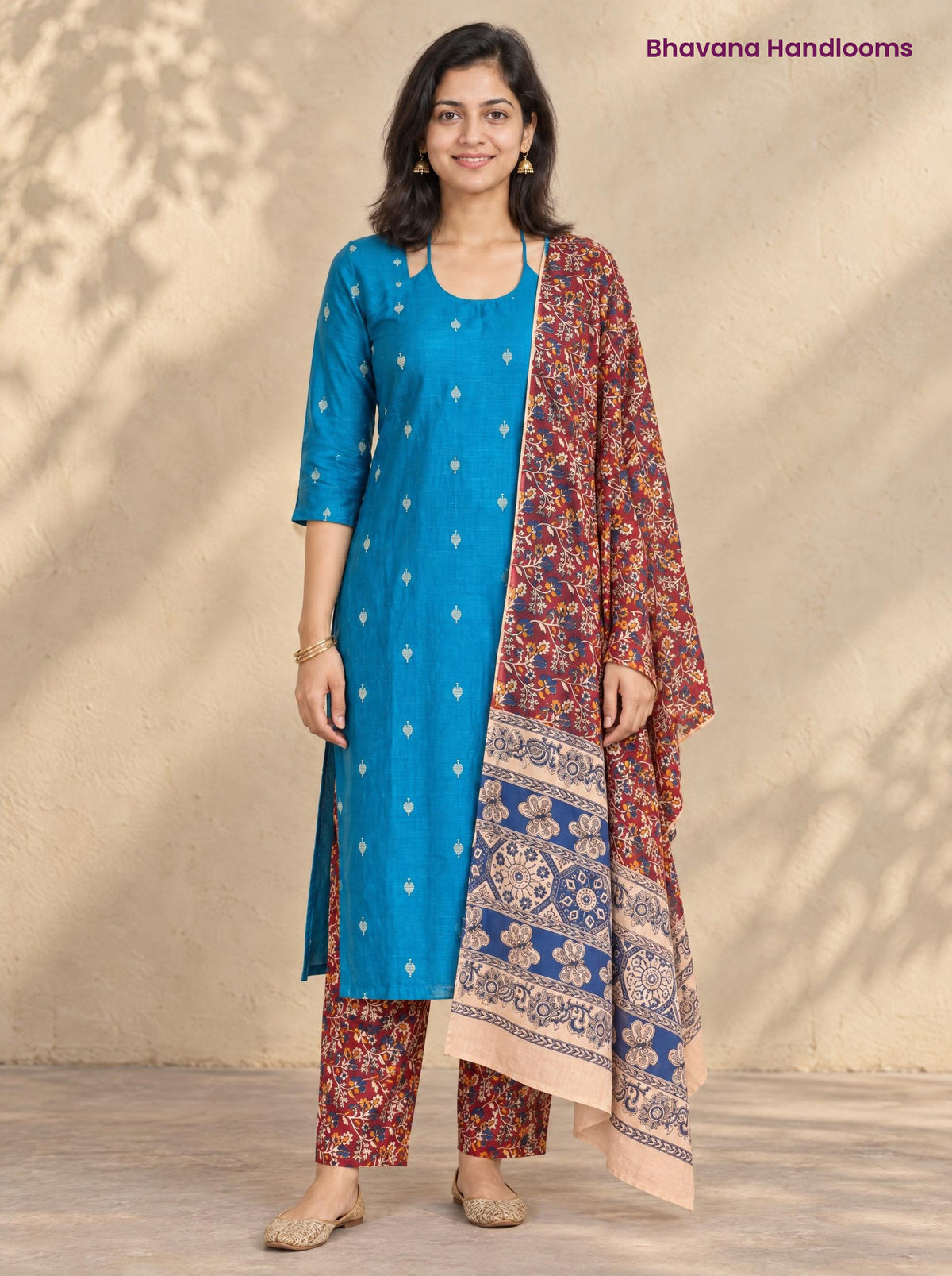 Turquoise Blue Raw Silk 3PC Set · Maroon & Blue Kalamkari Dupatta