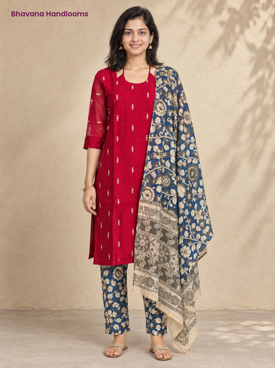Red Raw Silk 3PC Set · Navy Blue Kalamkari Dupatta