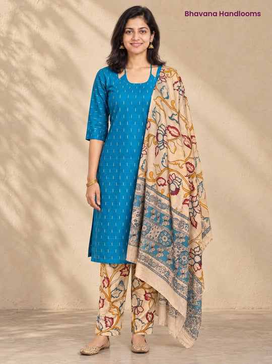 Turquoise Blue Raw Silk 3PC Set · Cream Kalamkari Dupatta