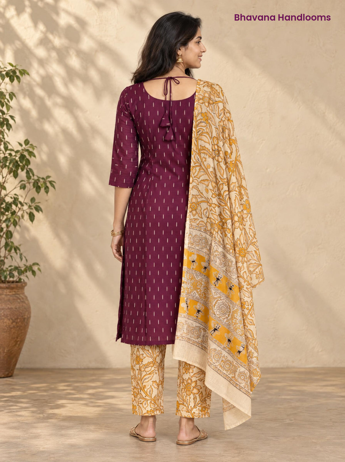 Wine Raw Silk 3PC Set · Mustard Yellow Kalamkari Dupatta