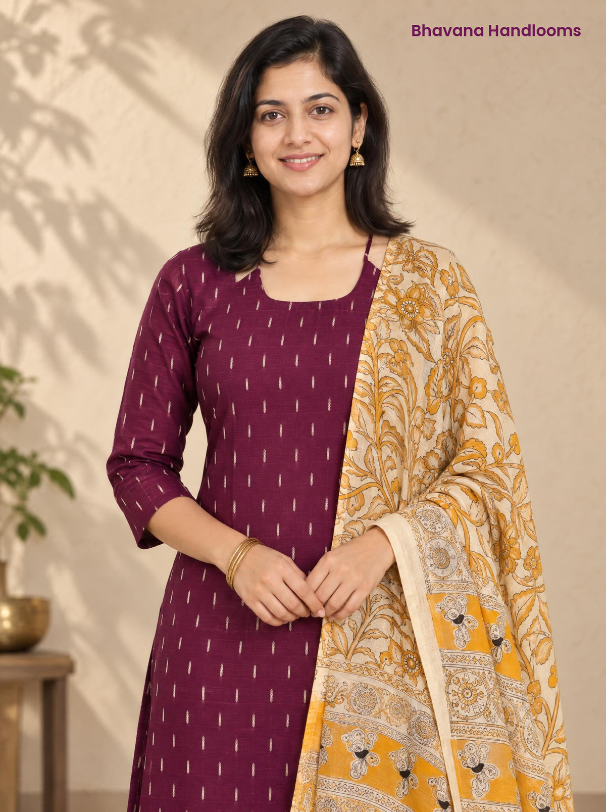 Wine Raw Silk 3PC Set · Mustard Yellow Kalamkari Dupatta