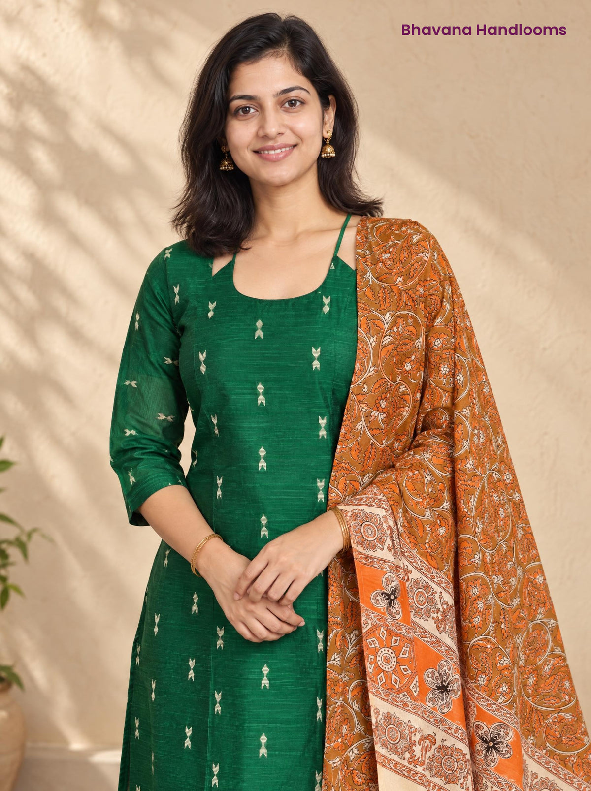 Bottle Green Raw Silk 3PC Set · Rust Orange Kalamkari Dupatta
