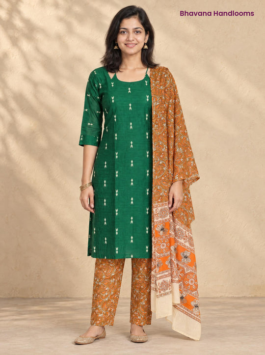 Bottle Green Raw Silk 3PC Set · Rust Orange Kalamkari Dupatta