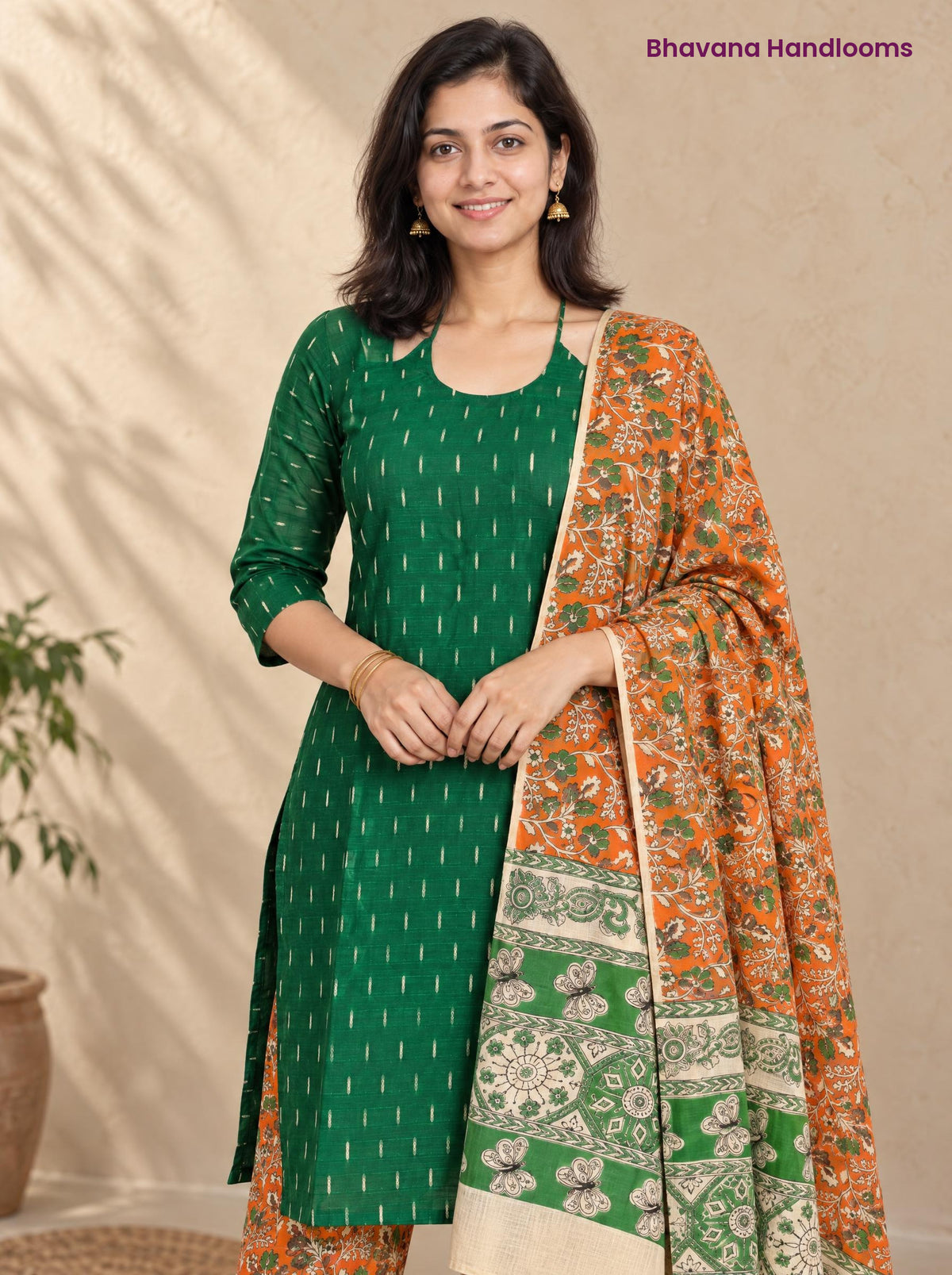 Bottle Green Raw Silk 3PC Set · Orange & Cream Kalamkari Dupatta