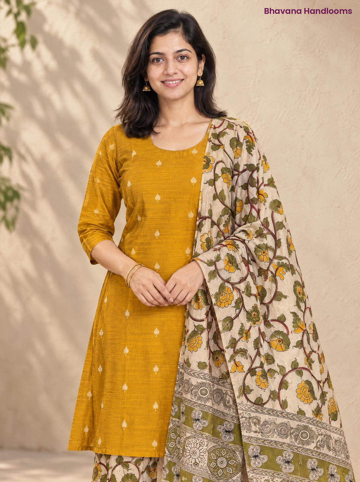 Mustard Yellow Raw Silk 3PC Set · Olive & Cream Kalamkari Dupatta