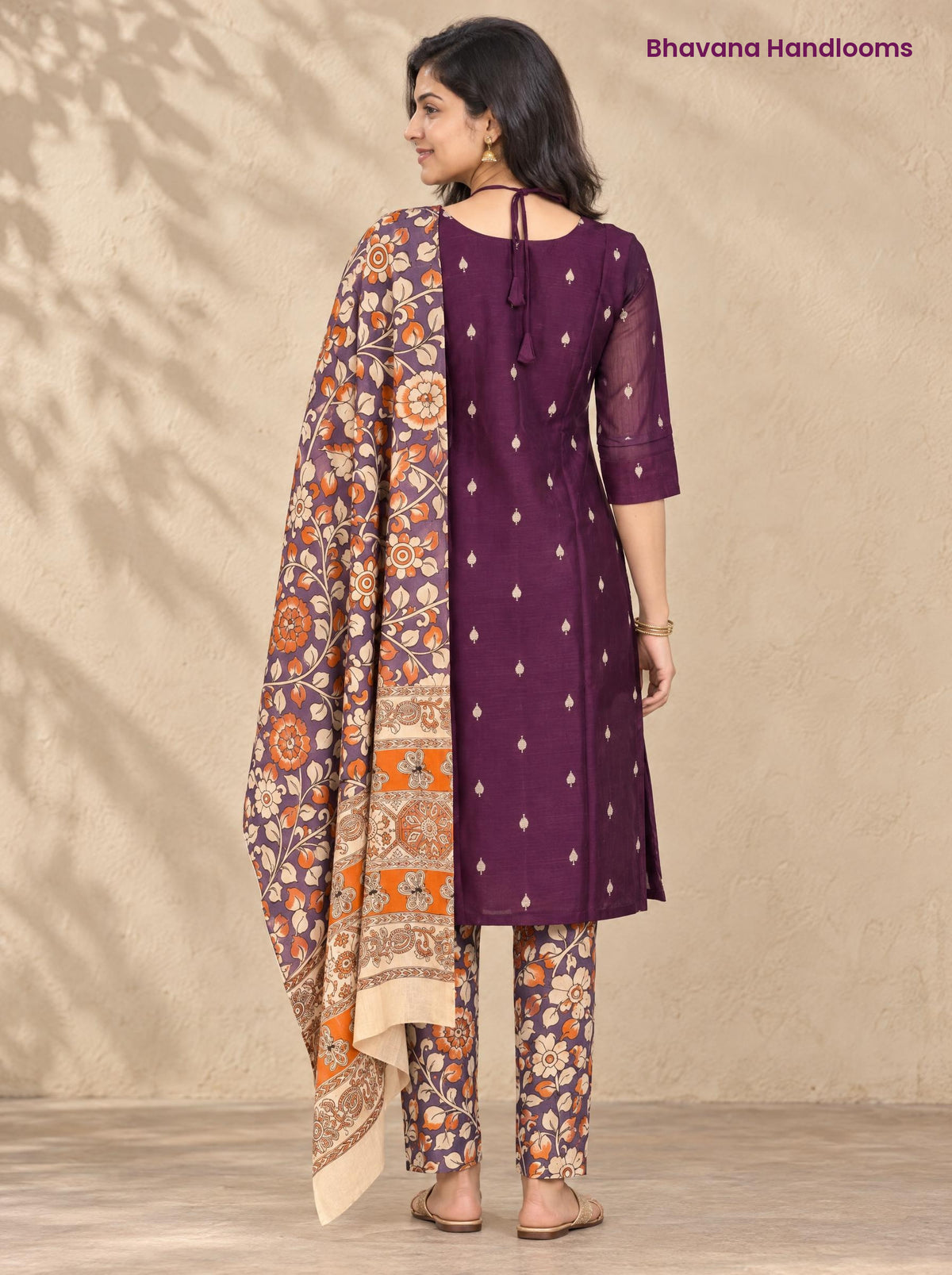 Wine Raw Silk 3PC Set · Multicolour Kalamkari Dupatta
