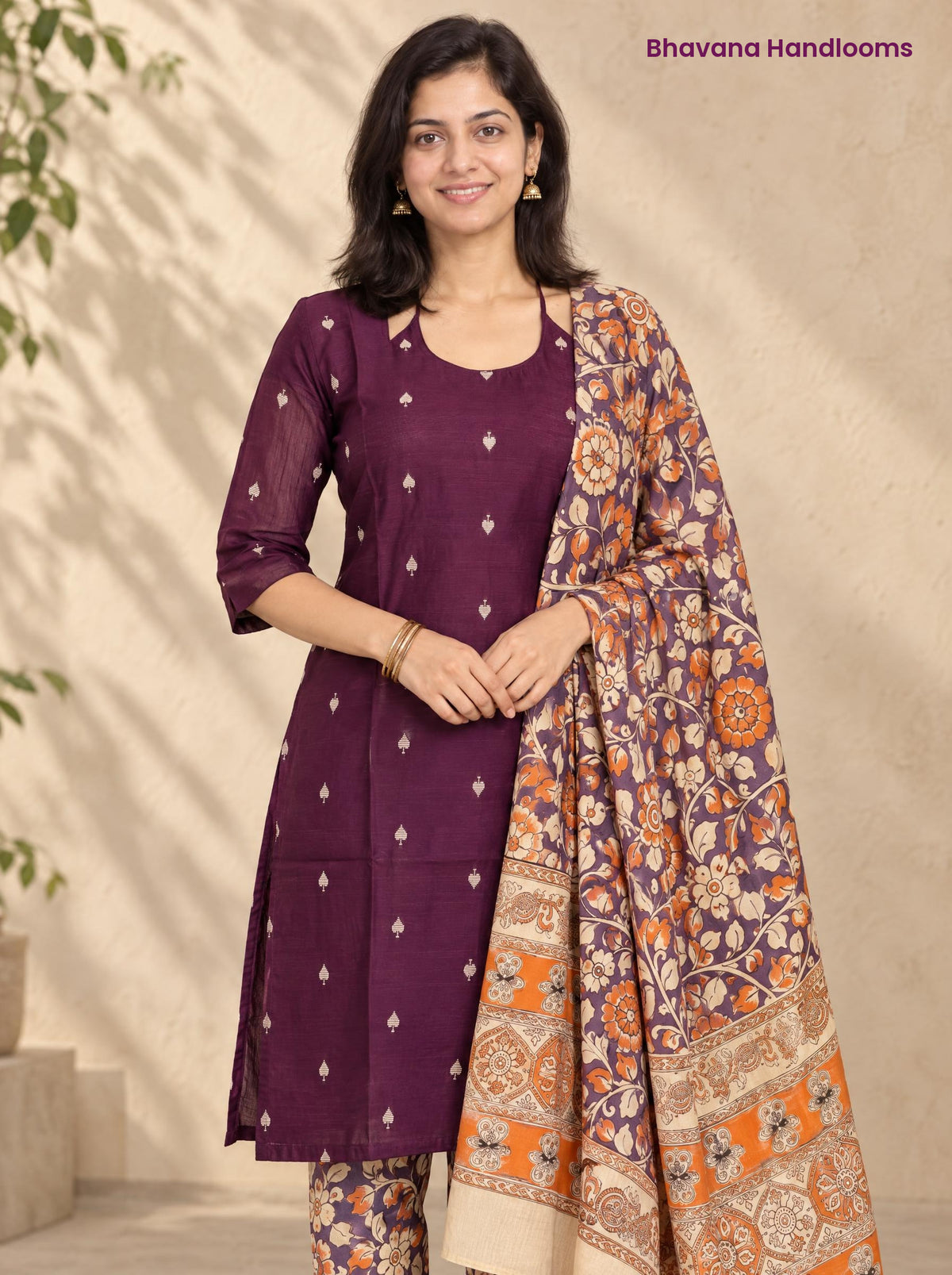 Wine Raw Silk 3PC Set · Multicolour Kalamkari Dupatta
